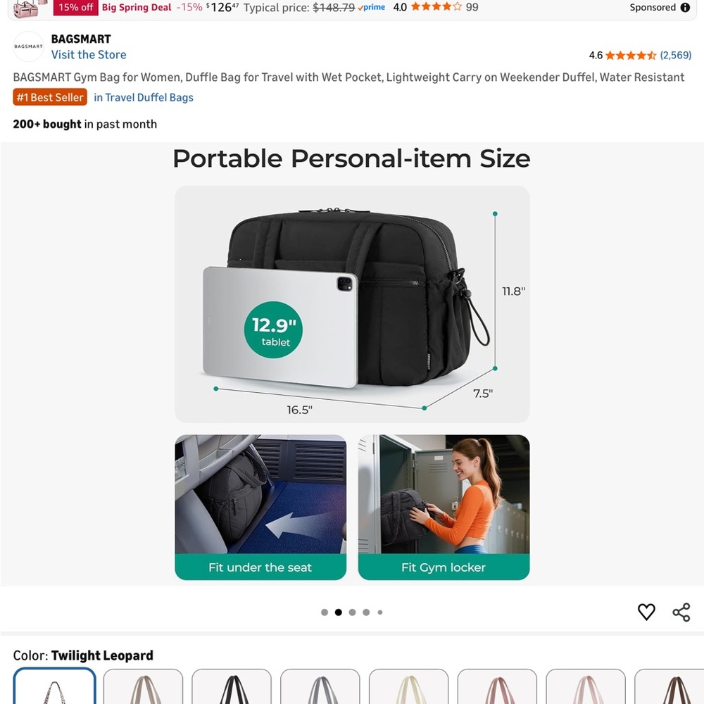 Bagsmart Leopard Print Weekend/Gym Bag - Brown/Black - Picture 6 of 8